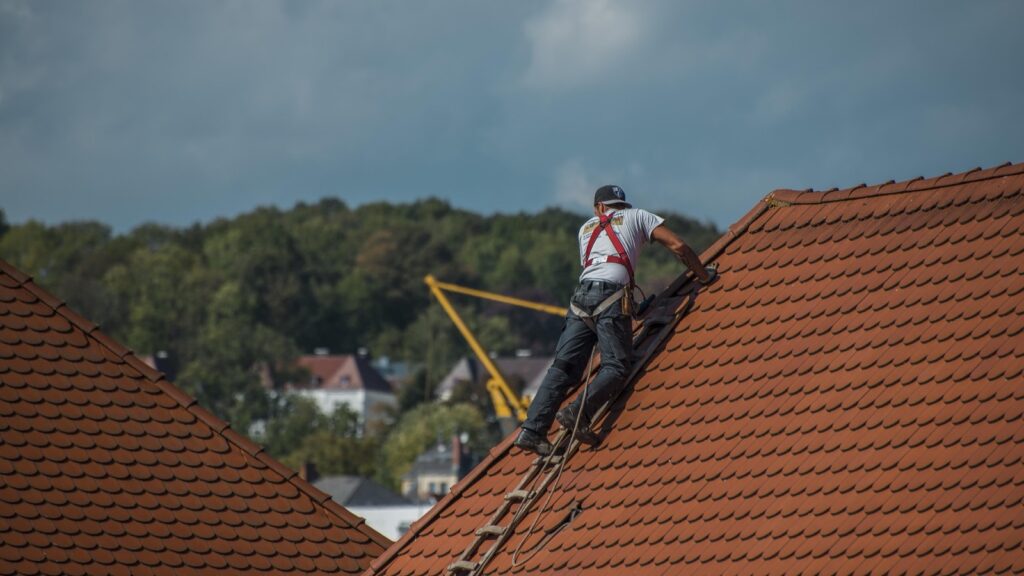 roof ladder set over the ridge and a harnessed roofer working the slope